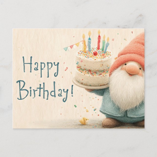 Cartes Pour Fêtes Annuelles Whimsical Birthday Greeting: Gnome Holding a Cake (Devant)