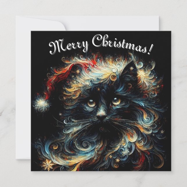 Cartes Pour Fêtes Annuelles Whimsical Black Cat Père Noël Casquette de Noël sa (Devant)