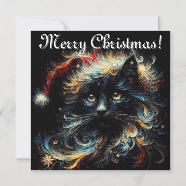 Cartes Pour Fêtes Annuelles Whimsical Black Cat Père Noël Casquette de Noël sa (Devant)