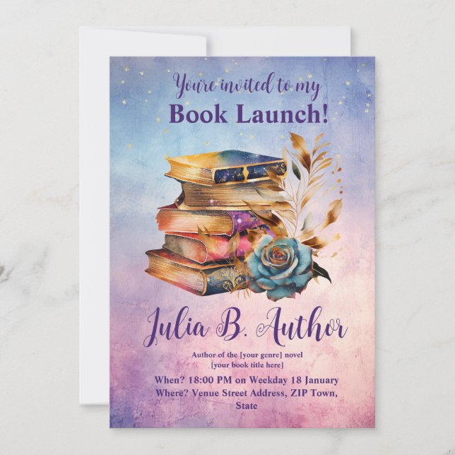 Cartes Pour Fêtes Annuelles Whimsical Blue Rose Auteur Livre Lancement Invitat (Devant)
