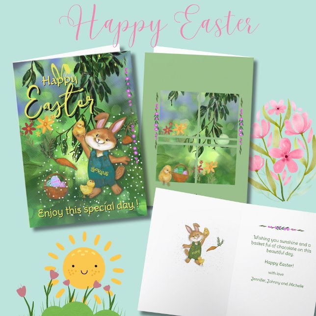 Cartes Pour Fêtes Annuelles Whimsical Bunny Poulets de Pâques message personna ( Watercolor Easter Bunny Chicken Custom Message Holiday Card)