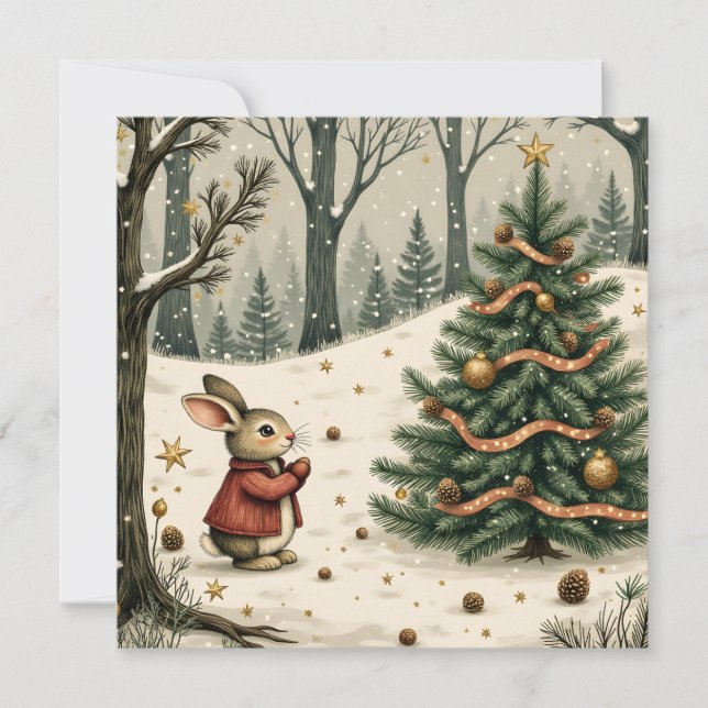 Cartes Pour Fêtes Annuelles Whimsical Bunny with Christmas Tree in Forest Flat (Devant)