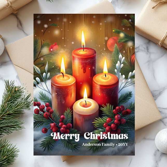 Cartes Pour Fêtes Annuelles Whimsical Christmas candle rustic pine wreath card (Whimsical Christmas candle rustic pine wreath card)