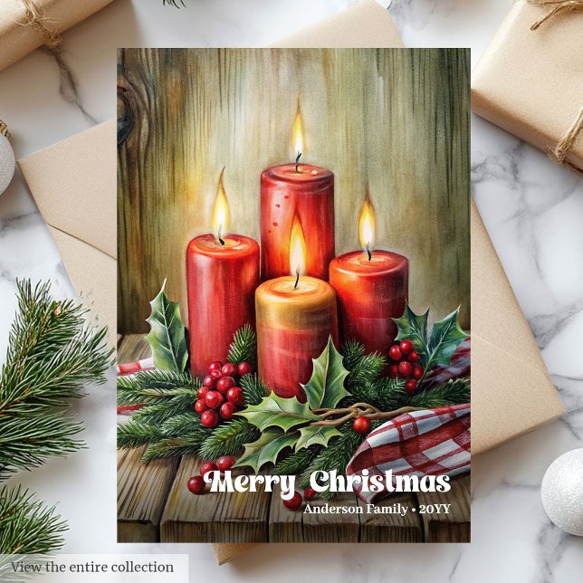 Cartes Pour Fêtes Annuelles Whimsical Christmas candles rustic pine wreath (Whimsical Christmas candles rustic pine wreath Holiday Card)