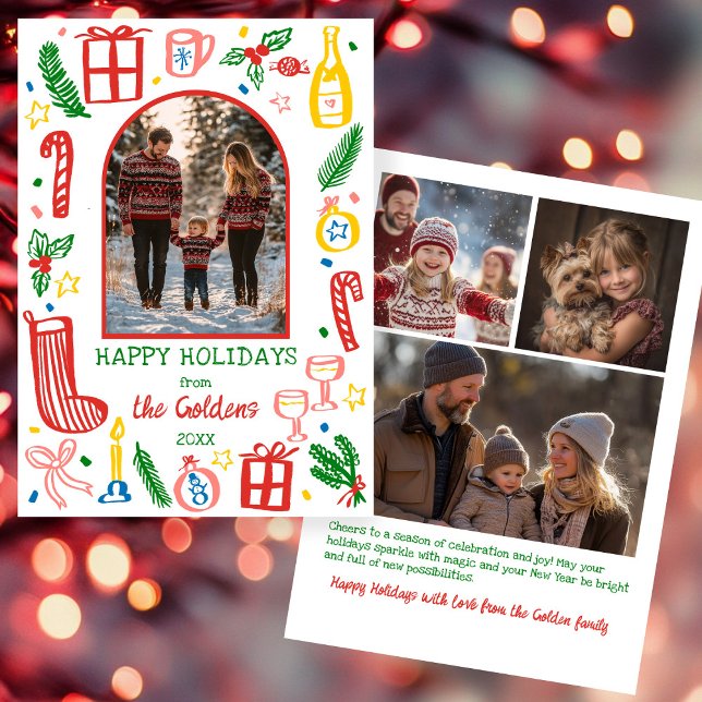 Cartes Pour Fêtes Annuelles Whimsical Christmas  Cute Custom Arch 4 PHOTO  (Whimsical Christmas Cute Doodles Colorful Custom Arch 4 PHOTO Hand-drawn Holiday Card
)