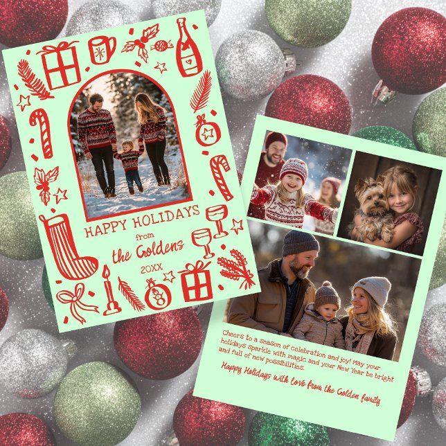 Cartes Pour Fêtes Annuelles Whimsical Christmas  Cute Custom Arch 4 PHOTO  (Whimsical Christmas Cute Doodles Custom Arch 4 PHOTO Hand-drawn Holiday Card
)