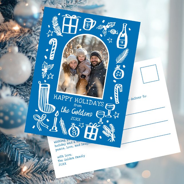 Cartes Pour Fêtes Annuelles Whimsical Christmas  Cute Custom Arch PHOTO  (Whimsical Christmas Doodle Hand-drawn Cute Blue Custom Arch PHOTO Winter Holiday Postcard
)