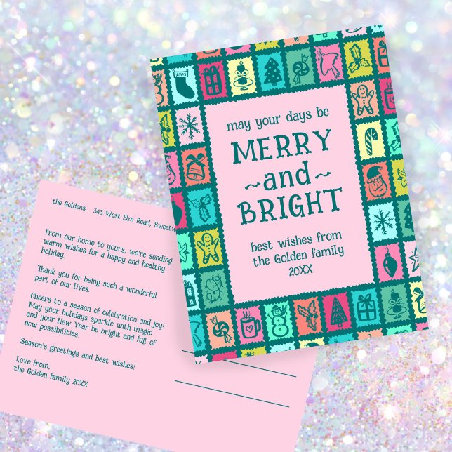 Cartes Pour Fêtes Annuelles Whimsical Christmas Grid Cute Custom  (Whimsical Christmas Grid Cute Custom Colorful Merry Bright Non-Photo Holiday Postcard
)