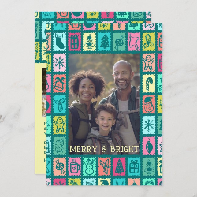 Cartes Pour Fêtes Annuelles Whimsical Christmas Grid Cute Custom 3 PHOTO  (Devant / Derrière)