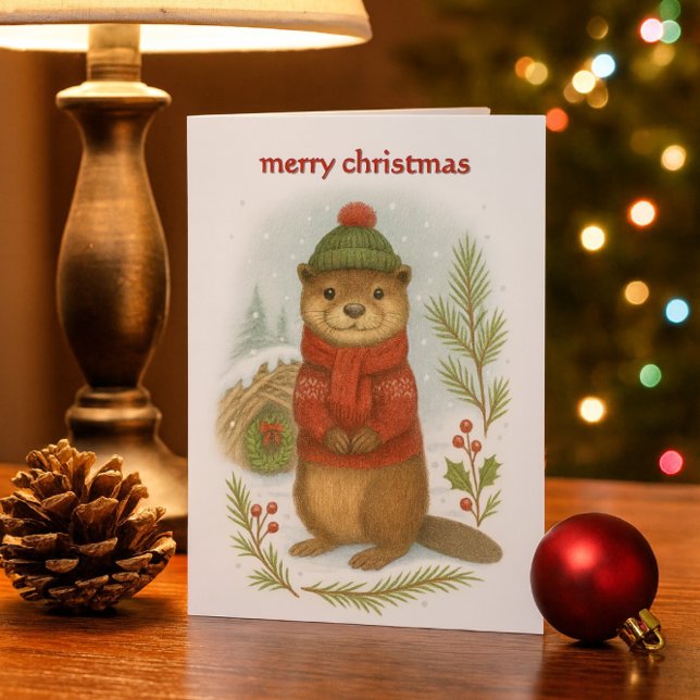 Cartes Pour Fêtes Annuelles Whimsical Christmas Otter  (“Woodland otter Christmas card with cozy winter scene—festive, kid-friendly, and nature inspired.”)