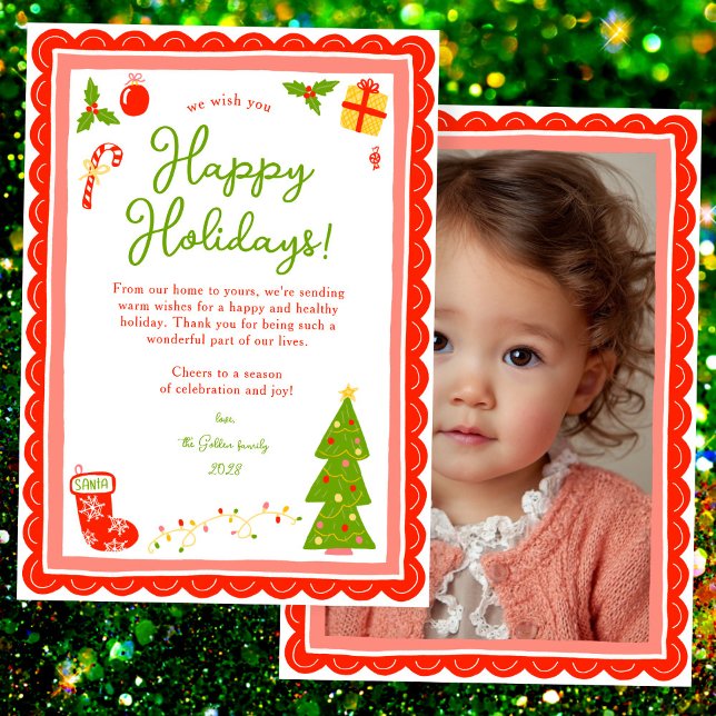 Cartes Pour Fêtes Annuelles Whimsical Cute Christmas CUSTOM PHOTO Scalloped (Whimsical Cute Christmas Hand-drawn CUSTOM PHOTO Scalloped Edge Holiday Card
)
