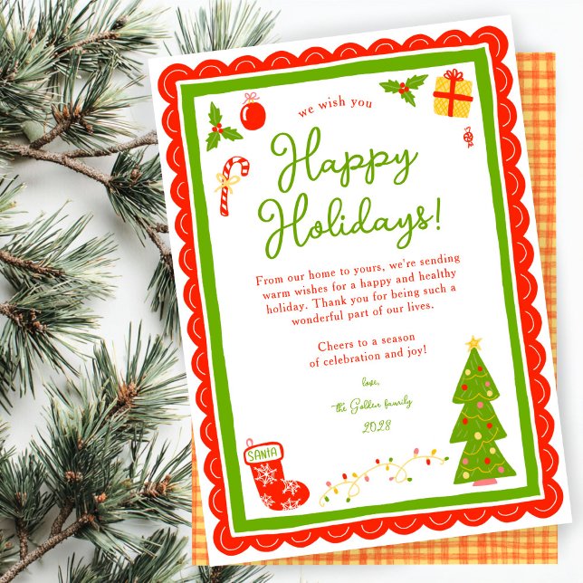 Cartes Pour Fêtes Annuelles Whimsical Cute Christmas CUSTOM Scalloped  (Whimsical Cute Christmas CUSTOM Scalloped Hand-drawn Gingham Non-Photo Holiday Card
)
