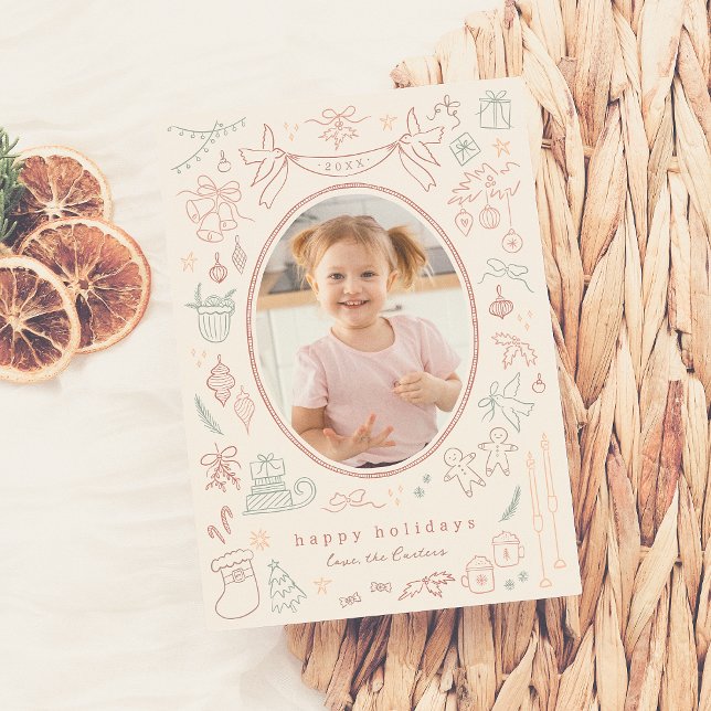 Cartes Pour Fêtes Annuelles Whimsical Doodle moderne Noël Photo de vacances (Créateur téléchargé)