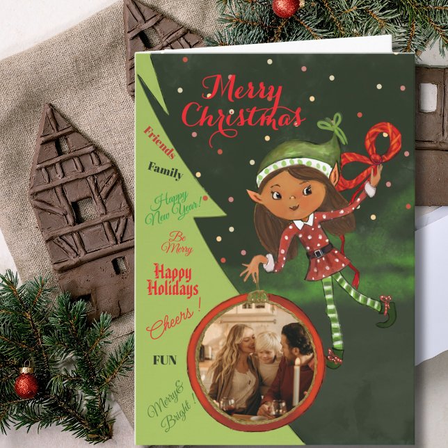 Cartes Pour Fêtes Annuelles Whimsical Elf Girl Photo Christmas Card | Green (Whimsical Elf Girl Photo Christmas Card  Green)