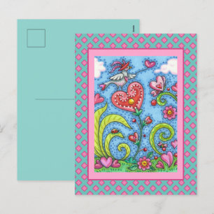 CARTES POUR FÊTES ANNUELLES WHIMSICAL FOLK ART BIRD, VALENTINE HEARTS GARDEN