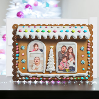Cartes Pour Fêtes Annuelles Whimsical Gingerbread Maison Famille Photo Noël