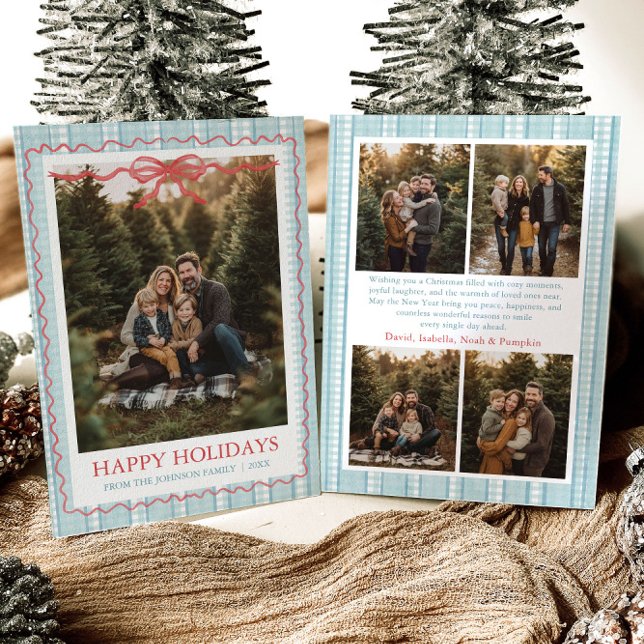 Cartes Pour Fêtes Annuelles Whimsical Grandmillenial Blue Bow Family Photo (Whimsical Grandmillenial Blue Bow Family Photo Holiday Card)