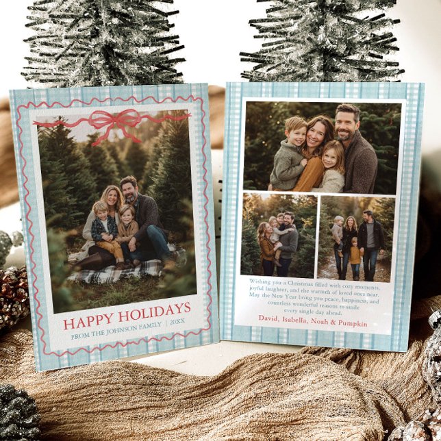 Cartes Pour Fêtes Annuelles Whimsical Grandmillenial Blue Bow Family Photo (Whimsical Grandmillenial Blue Bow Family Photo Holiday Card)