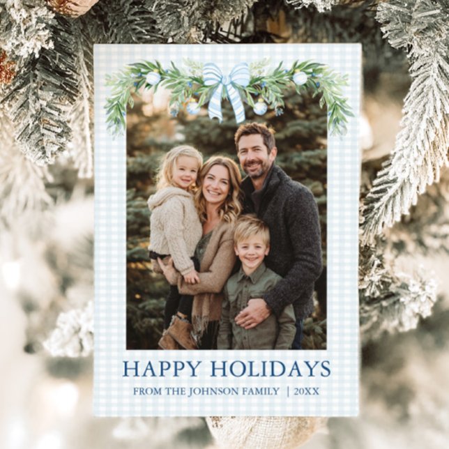 Cartes Pour Fêtes Annuelles Whimsical Grandmillenial Blue Bow Family Photo (Whimsical Grandmillenial Blue Bow Family Photo Holiday Card)