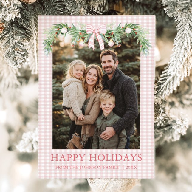 Cartes Pour Fêtes Annuelles Whimsical Grandmillenial Pink Bow Family Photo (Whimsical Grandmillenial Pink Bow Family Photo Holiday Card)