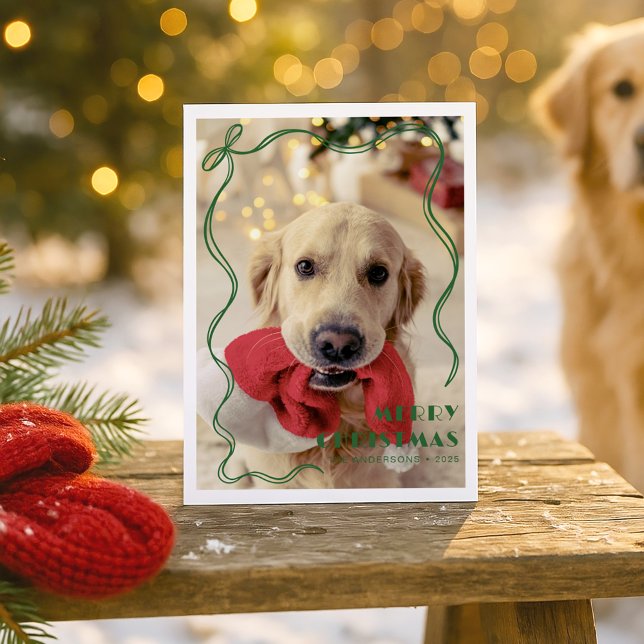 Cartes Pour Fêtes Annuelles Whimsical Green Ribbon Pet Photo Joyeux Noël (Créateur téléchargé)