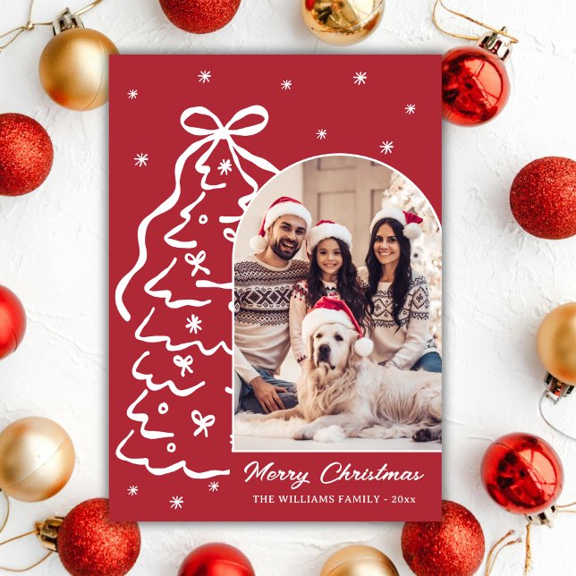 Cartes Pour Fêtes Annuelles Whimsical Hand-Drawn Christmas Tree Photo Red (Créateur téléchargé)