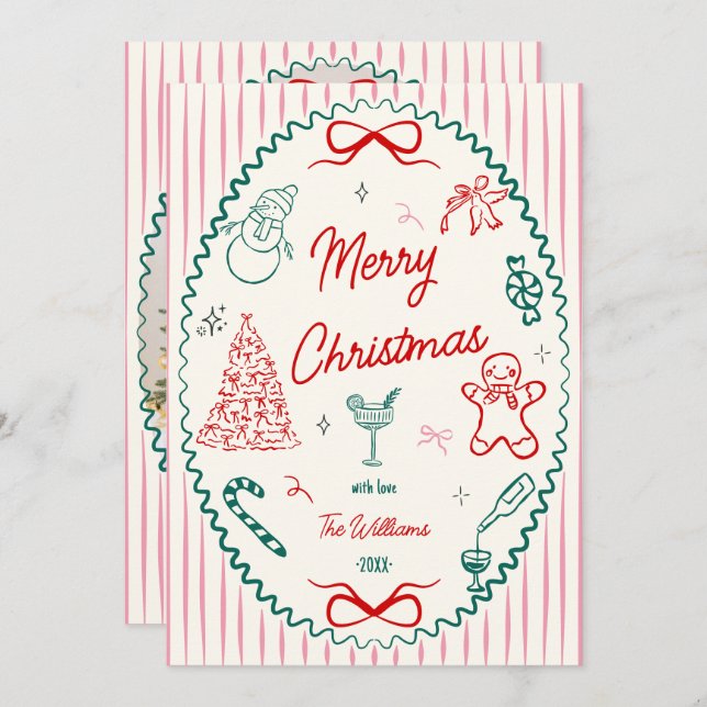 Cartes Pour Fêtes Annuelles Whimsical Hand Drawn Doodles Christmas Photo  (Devant / Derrière)