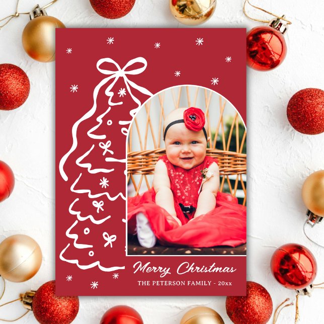 Cartes Pour Fêtes Annuelles Whimsical Hand-Drawn Red Christmas Tree Arch Photo (Créateur téléchargé)