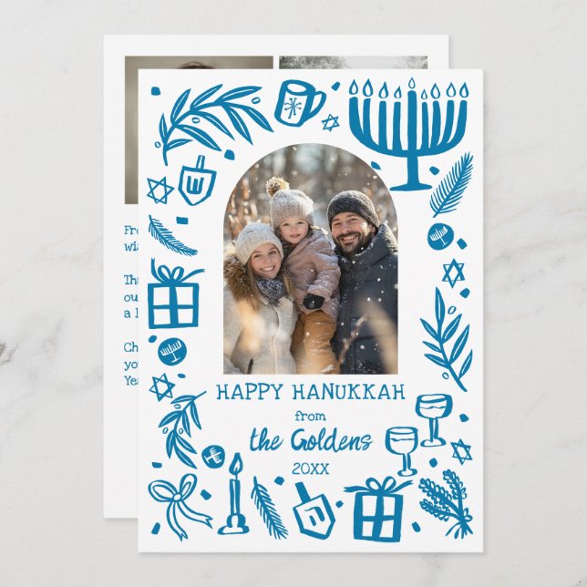 Cartes Pour Fêtes Annuelles Whimsical Hanukkah Cute Custom Arch 3 PHOTO  (Devant / Derrière)