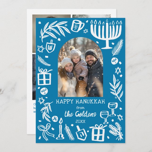 Cartes Pour Fêtes Annuelles Whimsical Hanukkah Cute Custom Arch 4 PHOTO  (Devant / Derrière)
