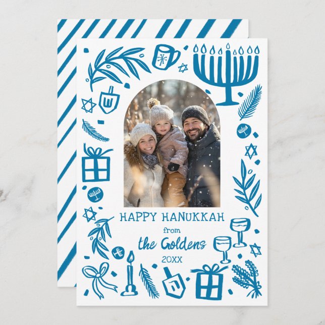 Cartes Pour Fêtes Annuelles Whimsical Hanukkah Cute Custom Arch PHOTO  (Devant / Derrière)