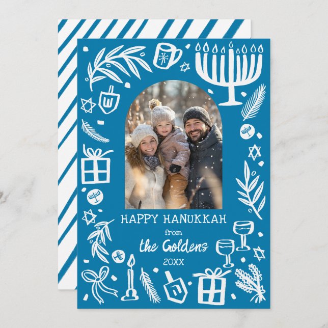 Cartes Pour Fêtes Annuelles Whimsical Hanukkah Cute Custom Arch PHOTO  (Devant / Derrière)