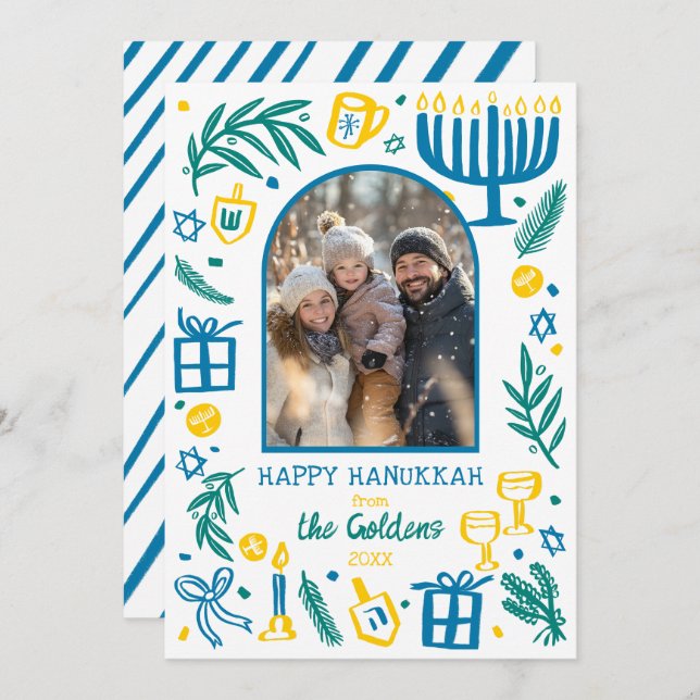 Cartes Pour Fêtes Annuelles Whimsical Hanukkah Cute Custom Arch PHOTO  (Devant / Derrière)