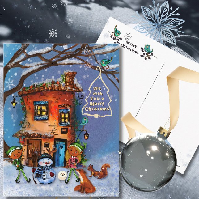 Cartes Pour Fêtes Annuelles Whimsical House and Winter Woodland Friends  (Whimsical House and Winter Woodland Friends Holiday Postcard)