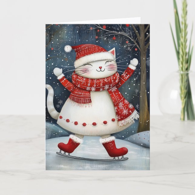 Cartes Pour Fêtes Annuelles Whimsical Ice Skating Cat Christmas (Devant)