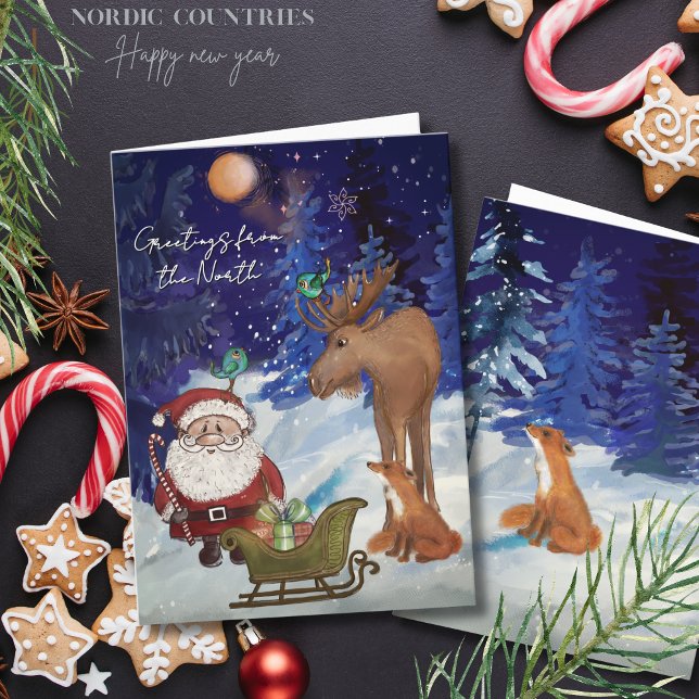 Cartes Pour Fêtes Annuelles Whimsical Julenisse,Nordic Moose & Fox Winter  (Whimsical Julenisse,Nordic Moose & Fox Winter Holiday Card)