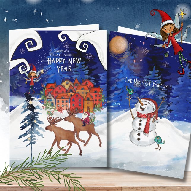 Cartes Pour Fêtes Annuelles Whimsical Nordic Santa on a Moose Happy New Year  (Whimsical Nordic Santa on a Moose Happy New Year Holiday Card)