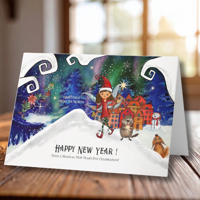 Cartes Pour Fêtes Annuelles Whimsical Northern Lights Fairy Happy New Year (Whimsical Northern Lights Fairy Happy New Year Holiday Card)