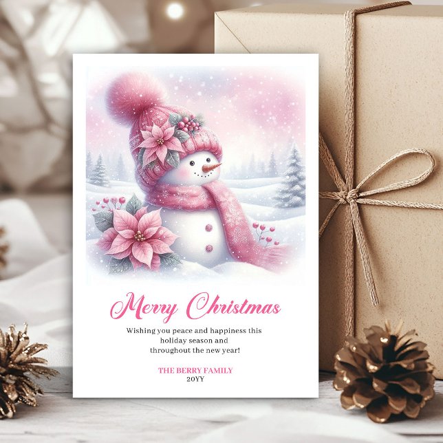 Cartes Pour Fêtes Annuelles Whimsical pink snowman Christmas kids card digital (Whimsical pink snowman Christmas kids card digital edit)