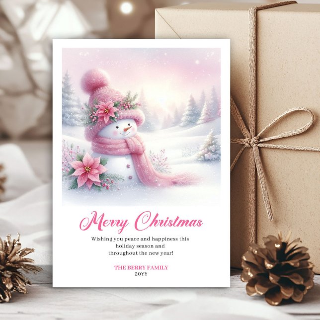 Cartes Pour Fêtes Annuelles Whimsical Pink Snowman Editable Festive Scene Card (Whimsical Pink Snowman Editable Festive Scene Greeting Card)