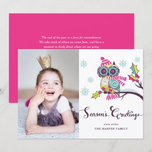 Cartes Pour Fêtes Annuelles Whimsical Purple Owl et Snowflakes Photo de vacanc
