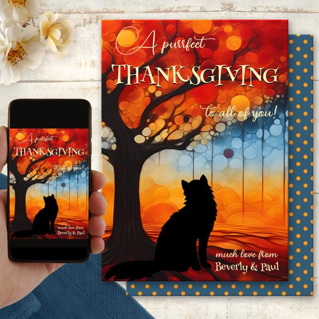 Cartes Pour Fêtes Annuelles Whimsical Purrfect Chat Thanksgiving (A fun artistic Thanksgiving card with a kitty cat looking up at a tree with colorful fall leaves)