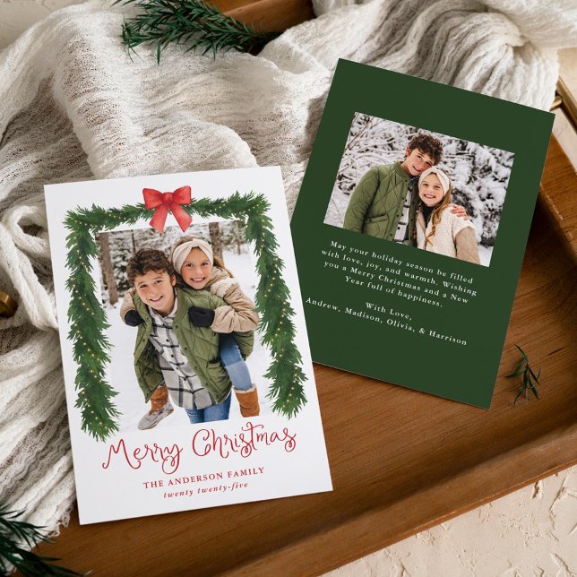 Cartes Pour Fêtes Annuelles Whimsical Red Bow Garland Christmas 2 Photo (Créateur téléchargé)