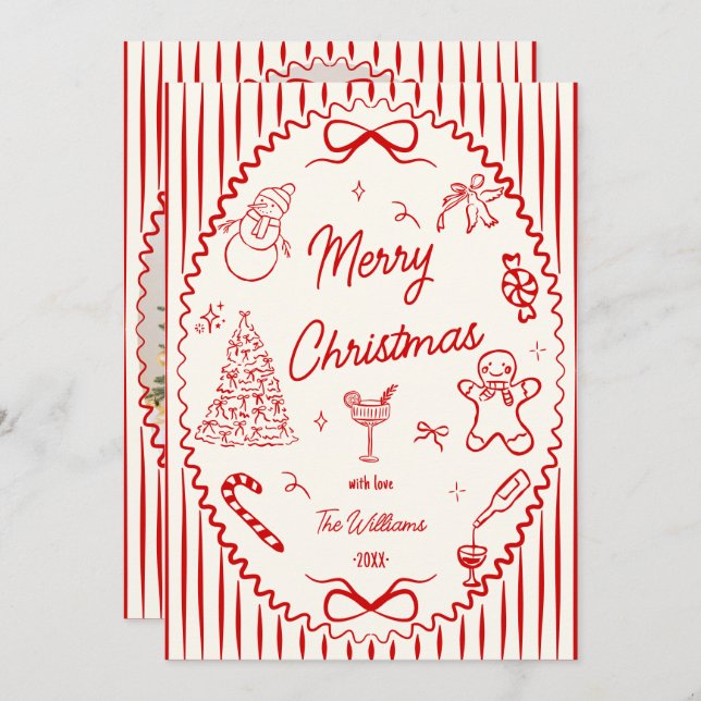 Cartes Pour Fêtes Annuelles Whimsical Red Hand Drawn Doodles Christmas Photo  (Devant / Derrière)