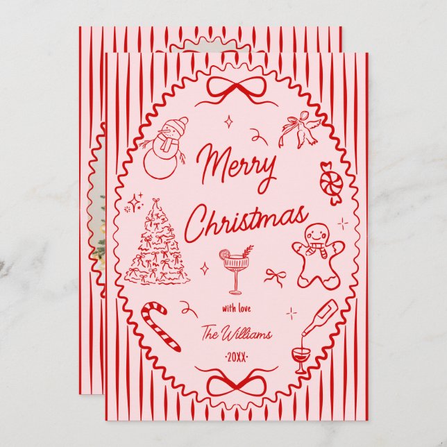 Cartes Pour Fêtes Annuelles Whimsical Red Pink Hand Drawn Christmas Photo  (Devant / Derrière)