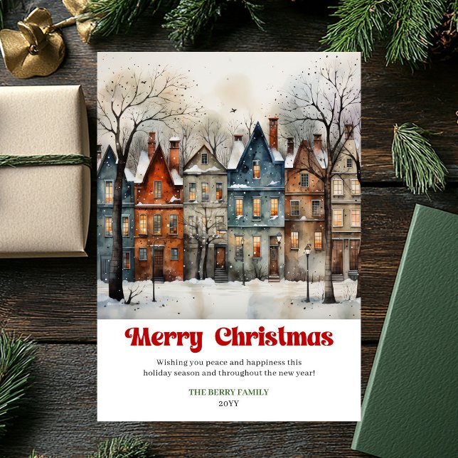 Cartes Pour Fêtes Annuelles Whimsical rustic Christmas scene bright city art  (Whimsical rustic Christmas scene bright city artwork)