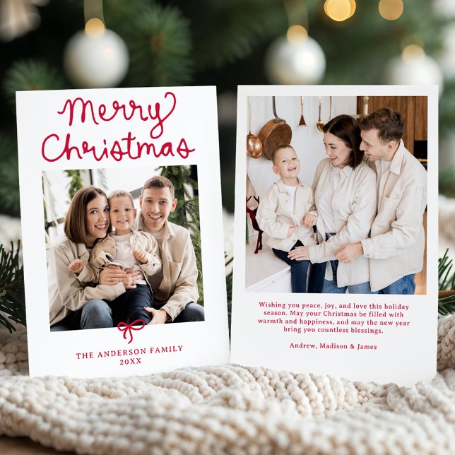 Cartes Pour Fêtes Annuelles Whimsical Script Red Bow Christmas 2 Photo (Créateur téléchargé)