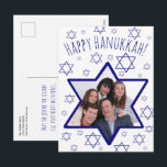 Cartes Pour Fêtes Annuelles Whimsical Star of David Photo Frame Happy Hanukkah<br><div class="desc">This fun postcard is a great way to wish your friends and family a Happy Hanukkah. Features a whimsical design with a Star of David photo frame where you can upload your picture onto a white background scattered with small stars of David resembling snowflakes. The font is a hand written...</div>