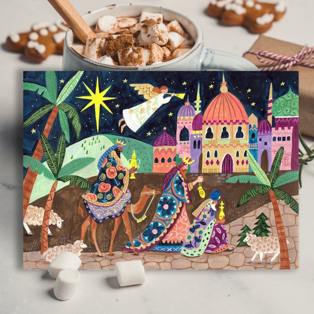 Cartes Pour Fêtes Annuelles Whimsical Three Wise Men Kings with star and gifts (Whimsical Three Wise Men Kings with star and gifts Holiday Postcard)