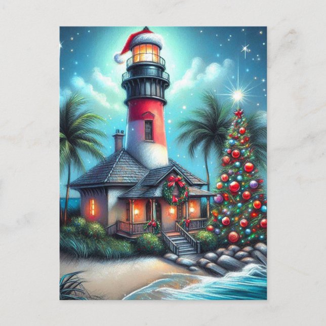 Cartes Pour Fêtes Annuelles Whimsical Tropical Christmas Lighthouse Turquoise  (Devant)